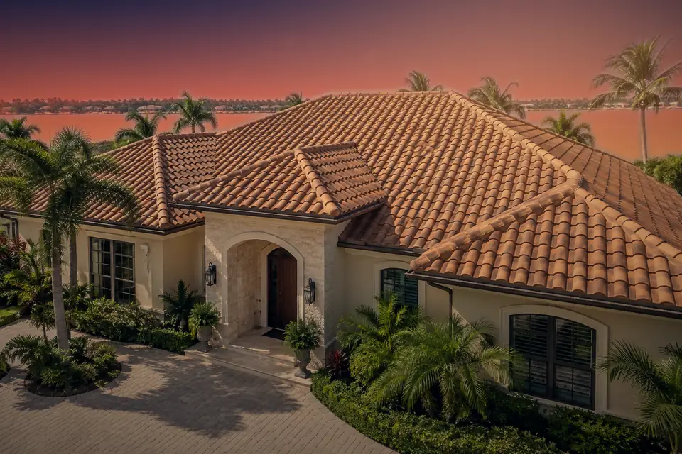 Clay tile roof at sunset
